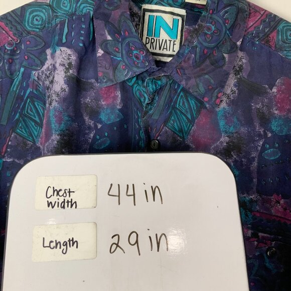 In Private Purple/Blue Geometric Print Collared Button Down Size M 100% SILK - Picture 3 of 4